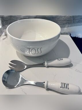 Rae Dunn TOSS White Ceramic Salad/Serving Bowl & Utensil Set